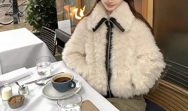 Design oriented Eco friendly Wool and PU leather Blend Lapel Jacket Milky White - Shop at LoveMi