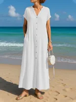 Stylish Solid-Colored Cotton-Linen V-Neck Short-Sleeve Shirt With Pockets And Extended Length - White