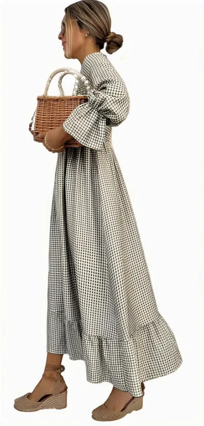 Puff sleeve Plaid Dress New European And American Style Women's Wear Gray - Shop at LoveMi