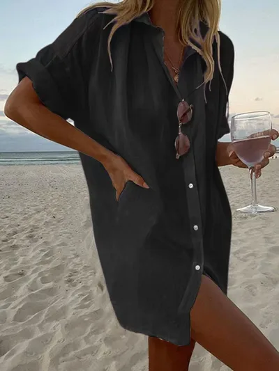 Women's Casual Loose Fit Fashionable Cotton Linen Solid Color Short Sleeve Top Black - Shop at LoveMi