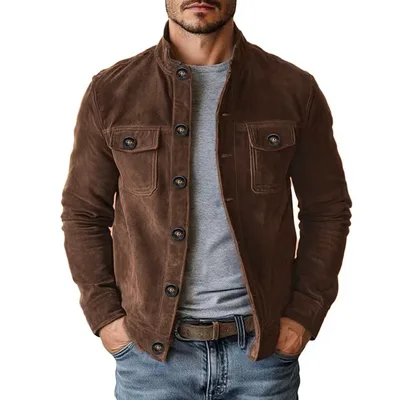 New Men's Casual European And American style Jacket Made From Faux Suede Brown - Shop at LoveMi