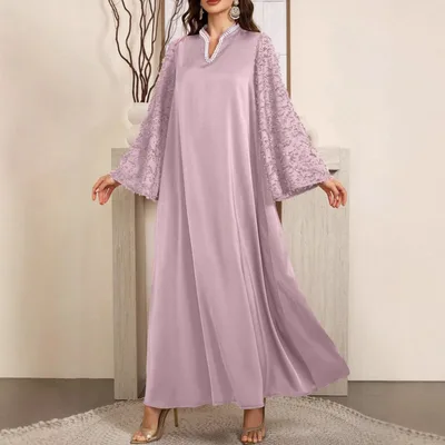Elegant And Comfortable Long Gown With A Pearl trimmed Collar Lotus Root Color Xl - Shop at LoveMi