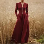 Women's Fitted-waist Solid-color Long-sleeve Dress - Red