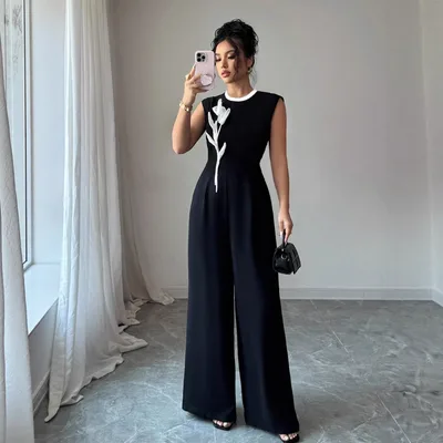 Elegant Embroidered Black Crew Neck Sleeveless Wide Leg Jumpsuit Black - Shop at LoveMi