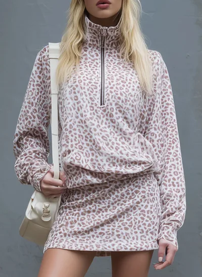 Loose Fitting Leopard Print Stand Collar Zip Up Top And Velvet Skirt Set Tan - Shop at LoveMi