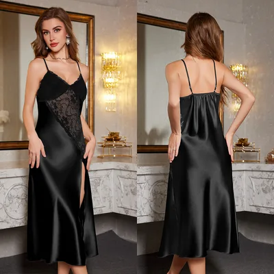 Women's Ice Silk Sexy Lace Camisole Nightgown Black - Shop at LoveMi