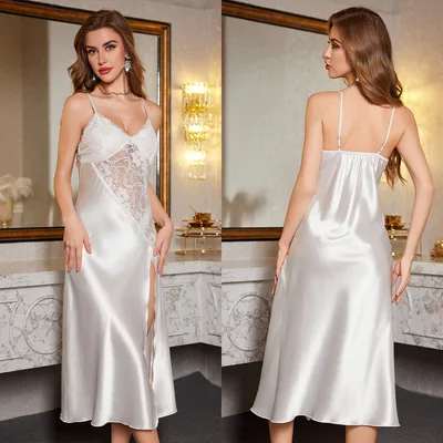 Women's Ice Silk Sexy Lace Camisole Nightgown White - Shop at LoveMi