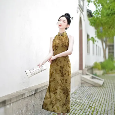 Womens New Chinese style Halter Cheongsam Slimming Midi Dress Cq251 Champagne Xl - Shop at LoveMi