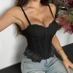 Solid-colour Patchwork Lace Fishbone Tank Top - Black
