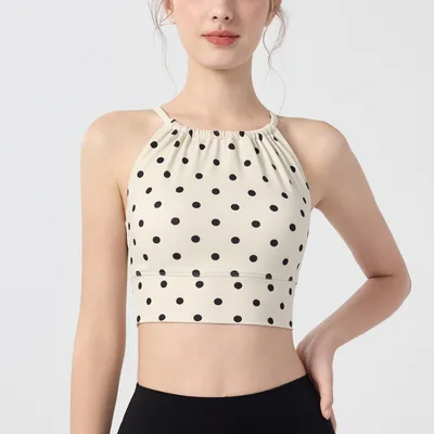 Womens Polka Dot Plaid Printed Halterneck Tank Top With Cross Over Design Ivory - Shop at LoveMi