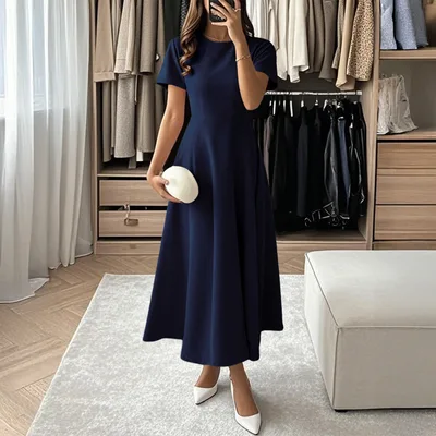 Womens Solid Color Casual Elegant Short Sleeve Maxi Dress Blue - Shop at LoveMi