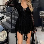 Womens Solid-Color Lace Short Sleeve Mini Dress - Black