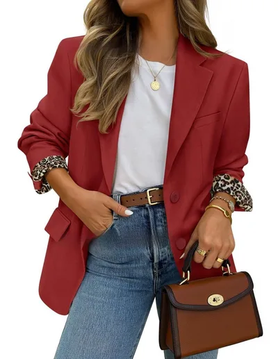 Womens Solid Color Cuff Contrasting Leopard Print Lapel Fashion Jacket Red - Shop at LoveMi