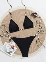Strap Ring Printed Triangular Cup Bikini Split Swimsuit For Women - Black