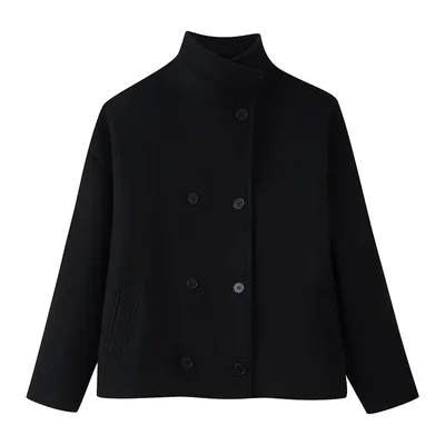 Womens Autumn Fashion Design Short Wool Coat With A Stand Collar And Double Breasted Buttons Black - Shop at LoveMi