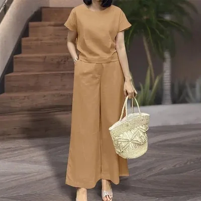 Womens Short Sleeve Sporty Casual Set Cropped Loose Top And Cropped Pants Two Piece Set Camel - Shop at LoveMi