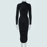 Long-sleeve, Cinched-waist, Pleated Mini Dress - Black