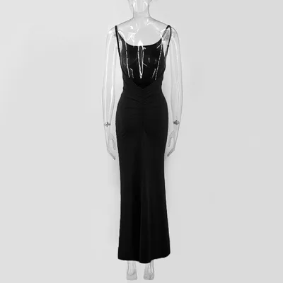 Elegant, Form fitting Long Dress With Thin Spaghetti Straps And A Halter Neckline Black - Shop at LoveMi