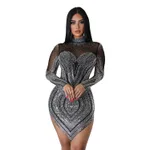 Womens Solid-Color Mesh Rhinestone-Embellished Long-Sleeve Mini Dress - Black