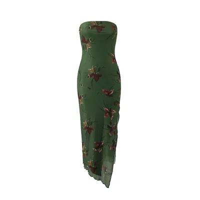 Retro printed Halter Split Double layer Dress Green - Shop at LoveMi