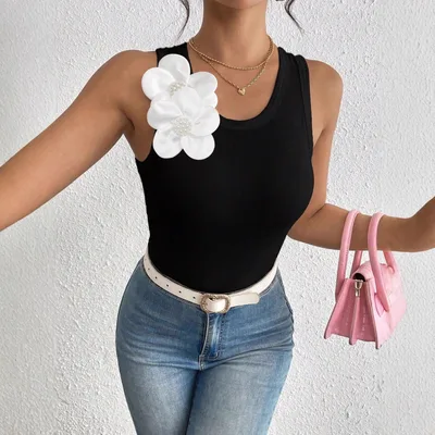 Womens Sleeveless 3D Floral Decorated Solid Color Tank Top White - Shop at LoveMi