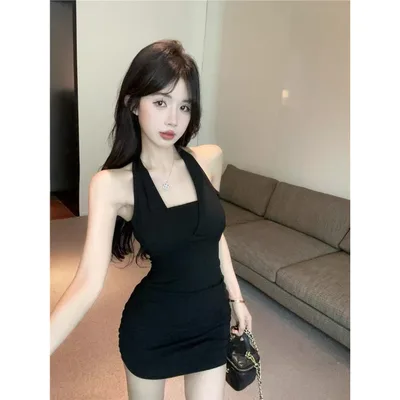 Chic Evening Slip Dress With A Chain And Neck Tiewomens Formal Wear Black - Shop at LoveMi