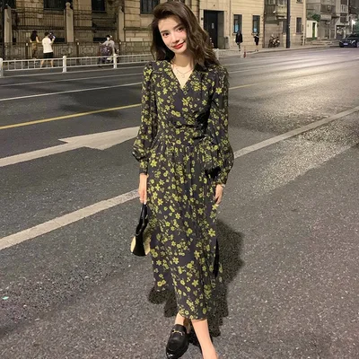 V neck Chiffon Long sleeve Waist cinching Dress Picture Color Xl - Shop at LoveMi