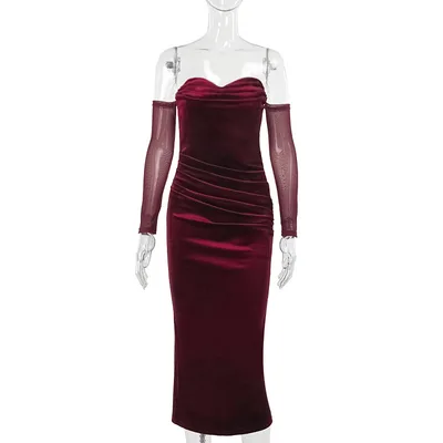Sexy Off the shoulder Velvet Pleated Evening Gown Wine - Shop at LoveMi