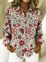 Casual Relaxed Fit Fashionable Long Sleeve Floral Print Shirt With A Turn Down Collar - Floral