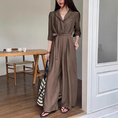 Elegant Solid Color V Neck Long Sleeve Lace Up Wide Leg Jumpsuit Brown - Shop at LoveMi