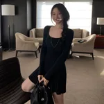 Womens Slim Fit Pleated Long Sleeve Dress - Black