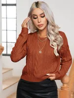 Womens Retro Cable-Knit Long-Sleeve Knitted Pullover Sweater - Brown