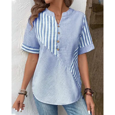 Womens Plus Size Asymmetrical Striped Patchwork Cotton Linen Top Blue - Shop at LoveMi