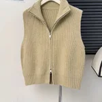 Casual Solid-Color Loose-Fit Zippered Knitted Vest For Layering - Khaki