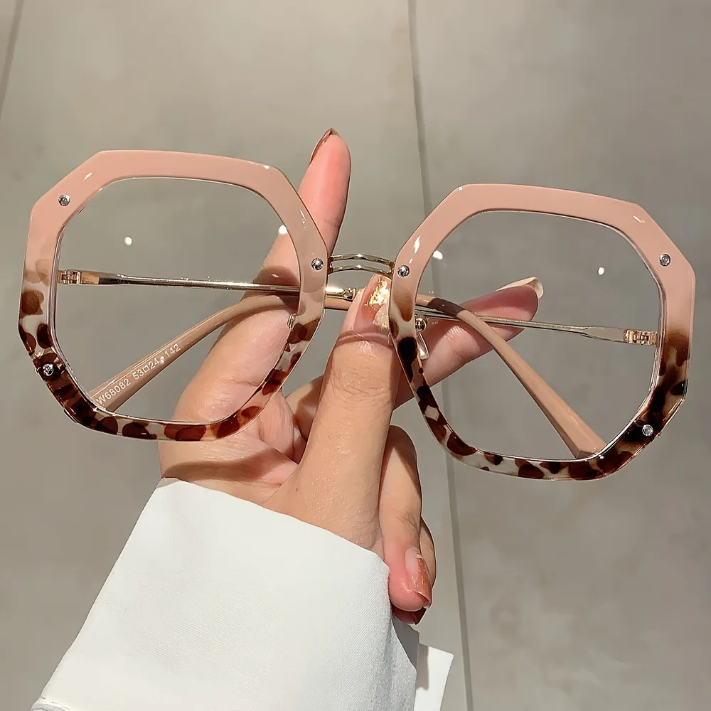 Fashionable Polygonal frame Euro American Style Trendy Hip hop Oversized Plain Glasses Leopard - Shop at LoveMi