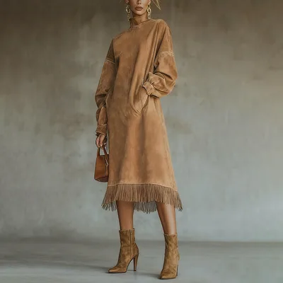 High neck Suede velvet Retro Loose fit Long Dress With Pockets And Fringed Long Sleeves Brown - Shop at LoveMi