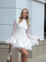 Elegant Buttoned Bud-Shape Long-Sleeve Ruffle-Trim Dress - White