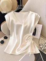 Womens Solid-Colour Casual Satin V-Neck Top With Drawstring Hem - White