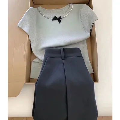 New Minimalist Short sleeve Top And High waisted Versatile Skirt Two piece Set Set L - Shop at LoveMi