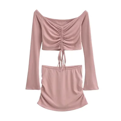 Solid color Drawstring Pleated Wrap Skirt And Top Set For Women Pink - Shop at LoveMi