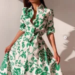 Womens Printed, Defined-Waistline, Lace-Up Long-Sleeve Shirt Dress - White