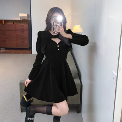 Womens Winter Short Skirt Cape Velvet Dress Black - Shop at LoveMi