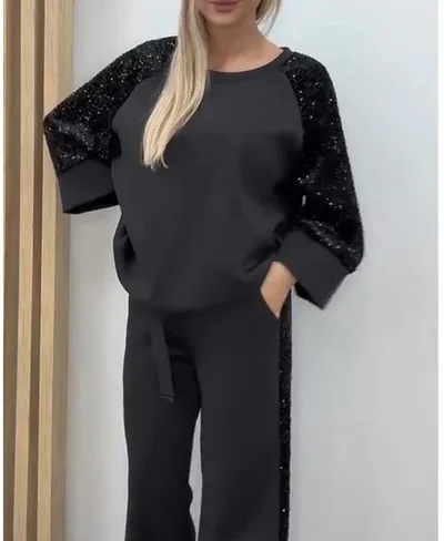 Sequined Patchwork Long Sleeve Crew Neck Sweatshirt And Sweatpants Set Gray - Shop at LoveMi