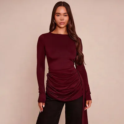 Crew neck Solid color Slim fit Drapey Long sleeve Top Red - Shop at LoveMi