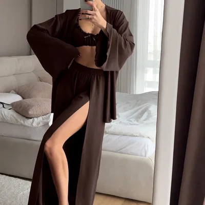 Womens Pajama Set Knitted Underwear With Ruffle Trim Robe And High Slit Pants Brown - Shop at LoveMi