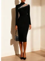 Fashionable High-neck Long-sleeve Figure-hugging Sheath Dress - Black