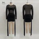 New Sexy Mesh-panel Long-sleeve Ribbon-trimmed Mini Dress - Black