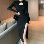Womens Retro Hollowed-Out Defined-Waist Slit Base Long-Sleeve Dress - Black
