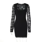 Lace-Panel Bodycon Square-Neck Long-Sleeve Dress - Black