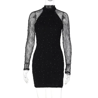Elegant Lace And Rhinestone embellished Bodycon Long sleeve Dress Black - Shop at LoveMi